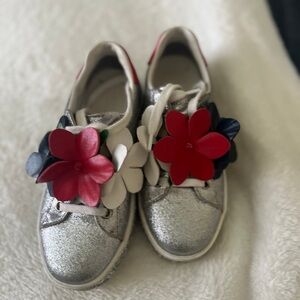 Silver Kids Shoes with Floral Accents